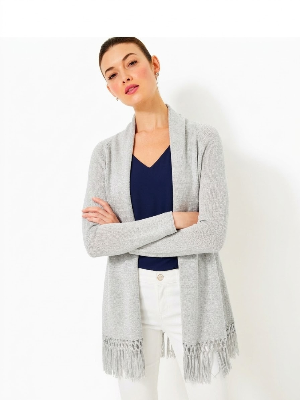 Lilly Pulitzer Silver Metallic Fringe Open Front Cardigan Sweater M